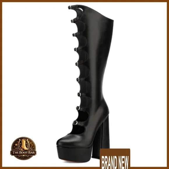 Knee High Platform Boots Chunky Heel Buckle Detail Patent Leather Wide Calf